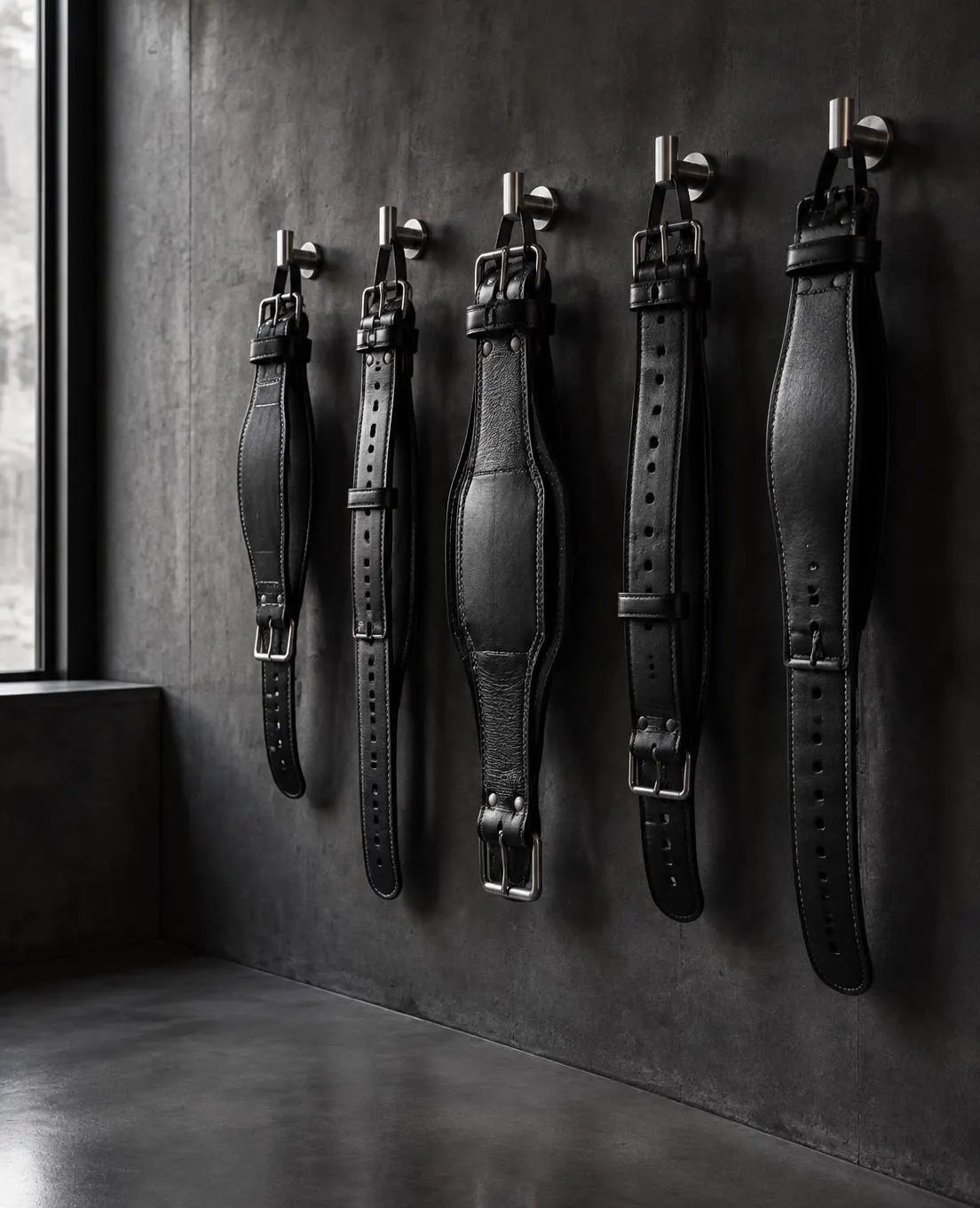 Leather lifting belts hung against the concrete wall