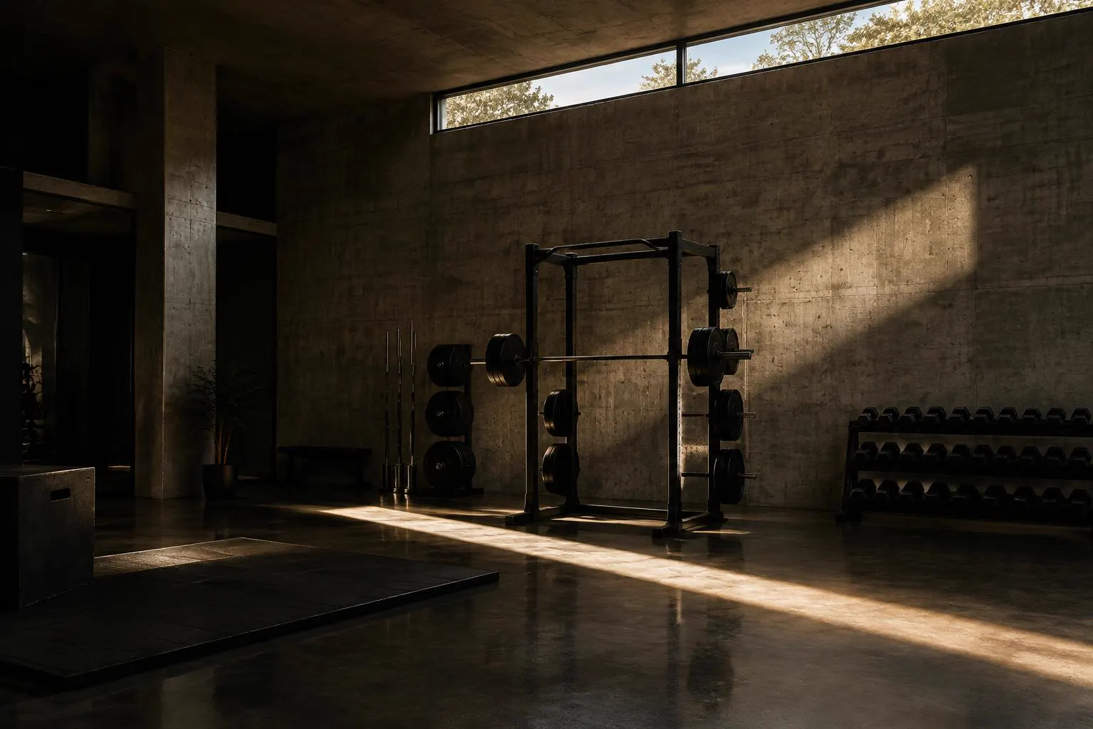 Quiet concrete strength studio with steel equipment in directional light