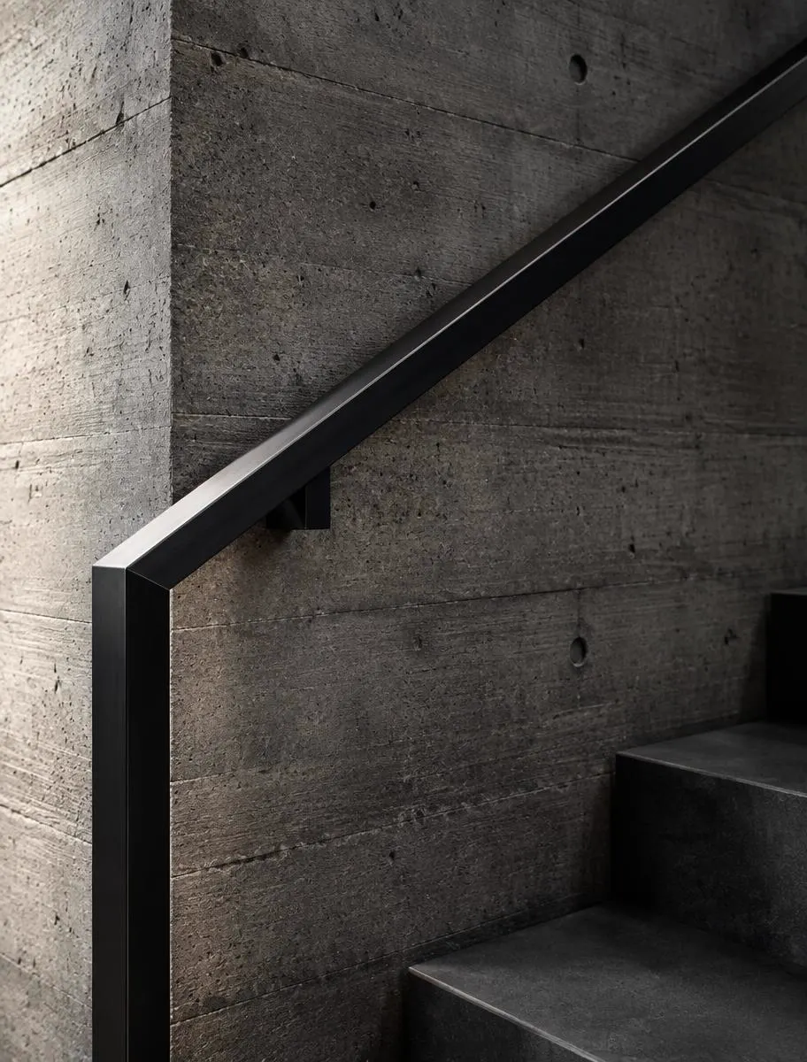 Close detail of cast concrete and blackened steel