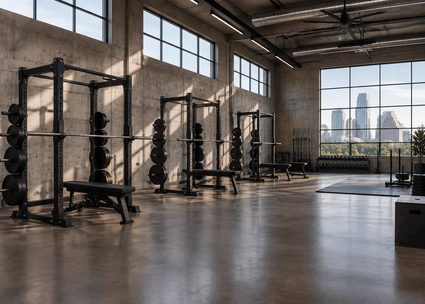 Wide view of the open training floor and steel racks